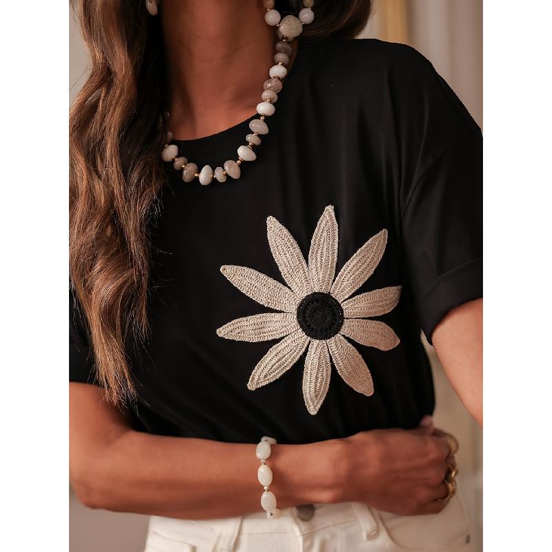 Slimming three-dimensional embroidered pleated soft lightweight breathable women's round-neck short-sleeve T-shirt