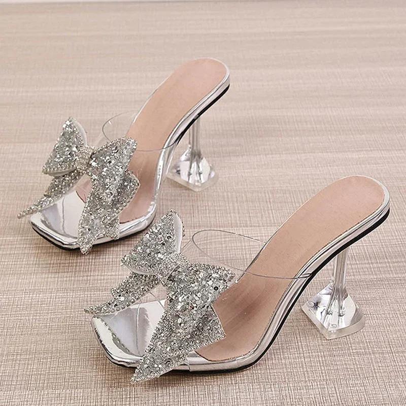 Fashion 2025 New Transparent Slippers For Women Fashion Silver Crystal Bowknot High Heels Female Mules Slides Summer Sandals Shoes