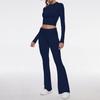 Damen Freizeit Zweiteiler Set Langarm Rundhals Crop Top Hohe Taille Schlaghosen Gestrickt Einfarbig Loungewear Passendes Outfit Set