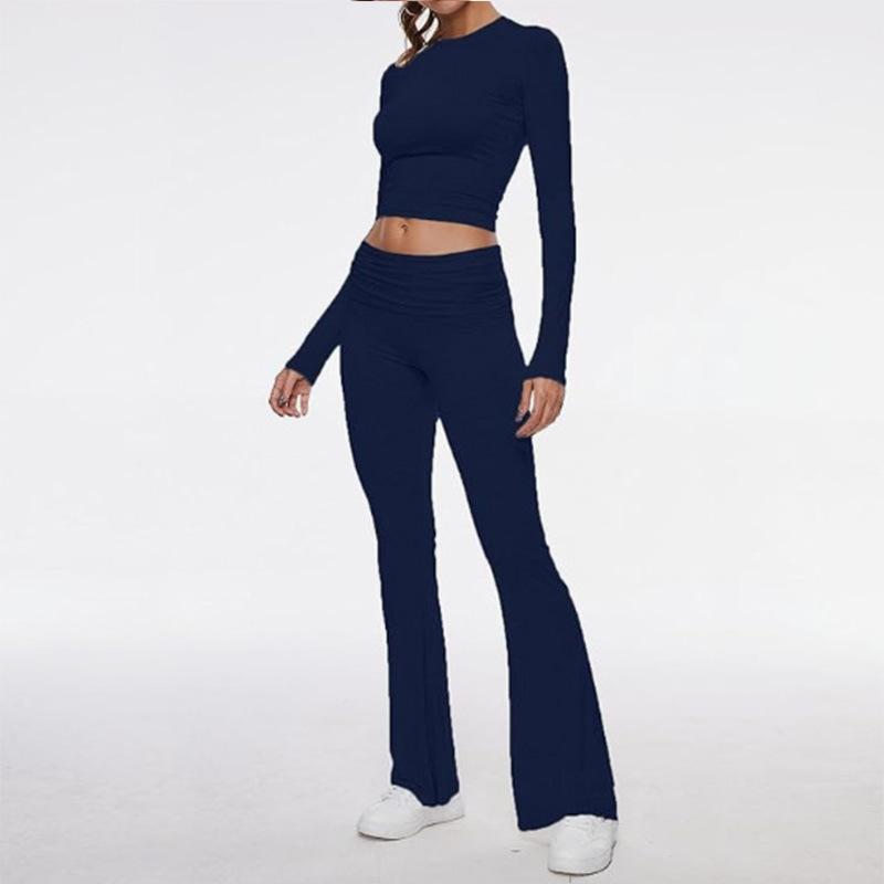 Damen Freizeit Zweiteiler Set Langarm Rundhals Crop Top Hohe Taille Schlaghosen Gestrickt Einfarbig Loungewear Passendes Outfit Set