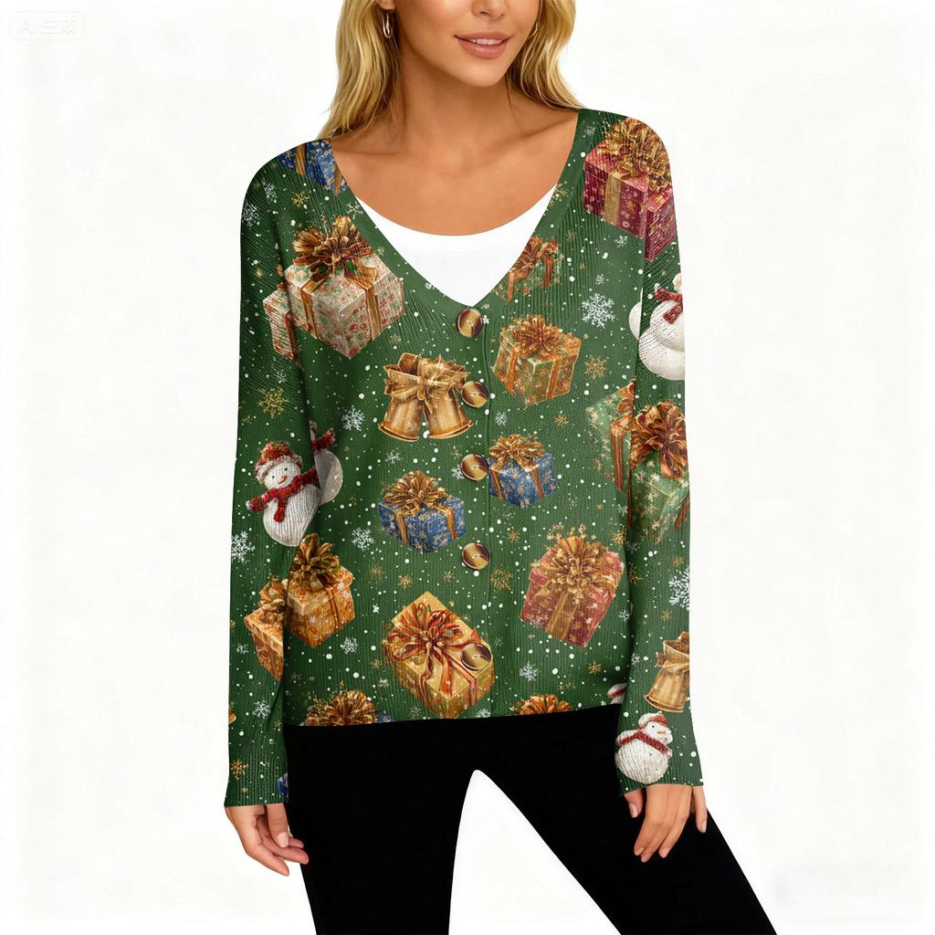 Women's Fashion Long Sleeve Christmas Snowman Snowflake Print Jacket Cardigan
