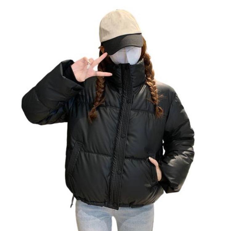 Winter Warm Women Cotton Coat Stand Collar Thickened Lightweight Long Sleeve Solid Color Outwear with Pockets