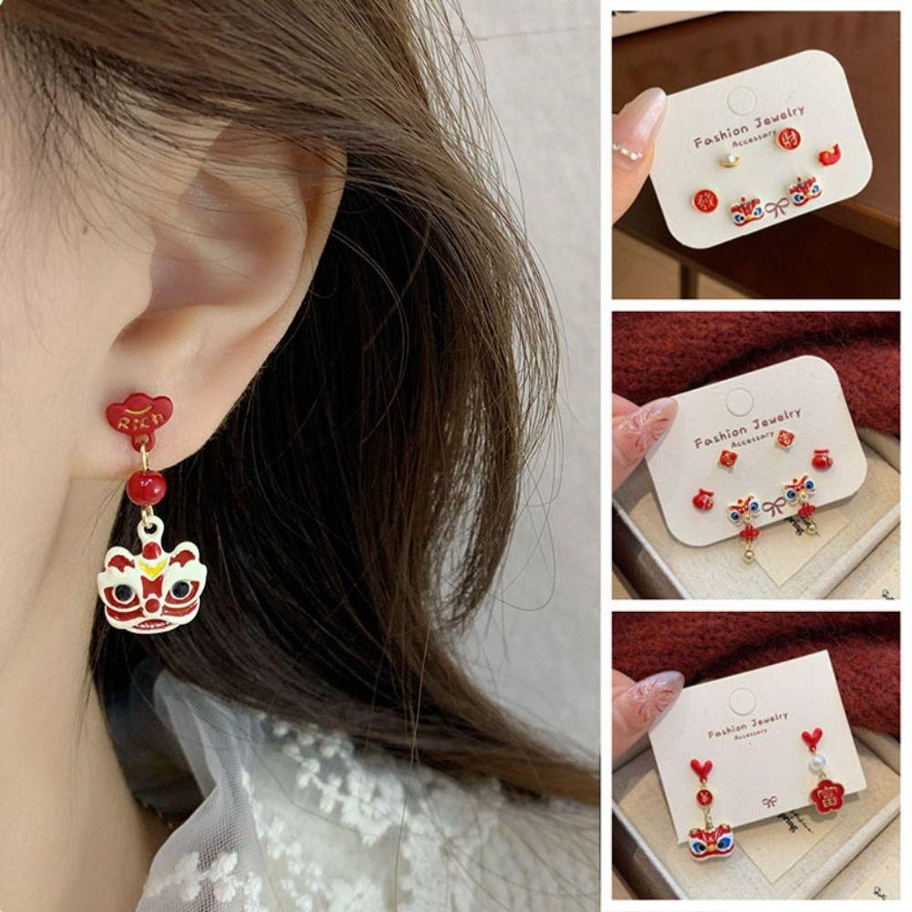 Cartoon Awakened Lion Earrings Tassel Bell Ear Studs Lion Dance Earrings Set  Ear Accessories
