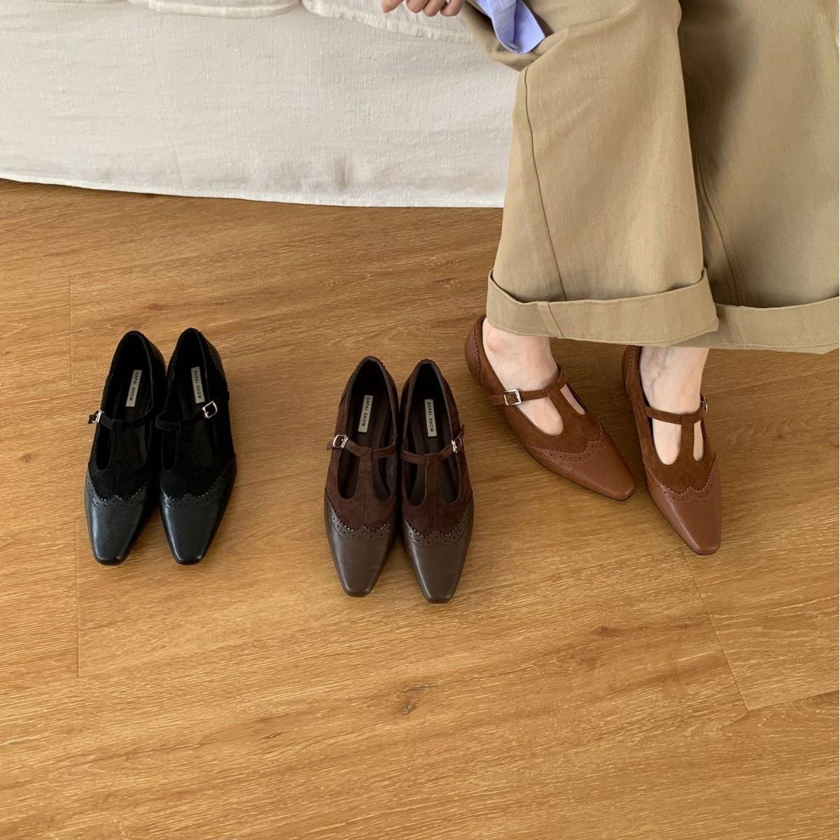 

2025 new matte suede splicing one-word belt inner slope heel shallow mouth versatile commuter work women s shoes 39 чёрный