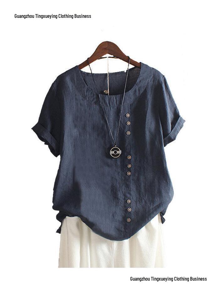 Women's Plus Size Casual Cotton Linen Button-Up Retro T-Shirt