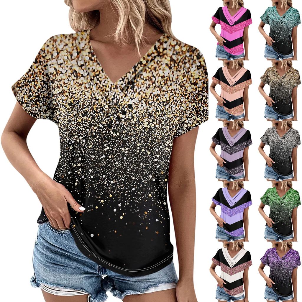 Women's T Shirt Tee Casual V-neck Short-sleeved T-shirt Printed Button Top