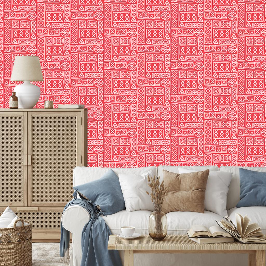 Polynesian Geometric Pattern Wallpaper Coral and Red 50x1000