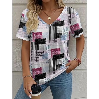 Sommer Damen T-Shirt Vintage Lässig Karomuster Druck Mode V-Ausschnitt Pullover Kurzarm Bedruckt Locker Tägliche Oberteile Große Größe Design Kleidung
