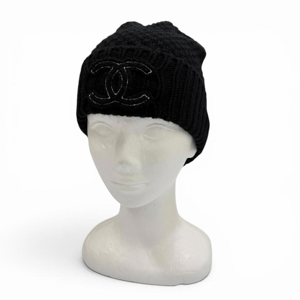Great CHANEL Knit cap COCO Mark hat black cashmere Women Used