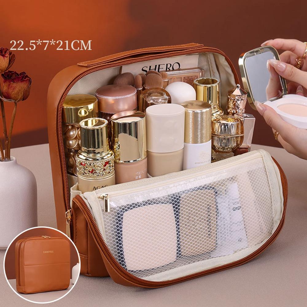 

8101 Large Capacity Magnetic Standing Cosmetic Bag Travel Waterproof Leather Organizer with Multi-Pocket