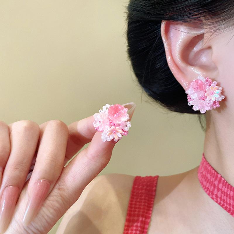 Embroidered Ball Flower Stud Earrings with Contrasting Resin for Stylish Women; Sweet Fashion Ear Jewelry