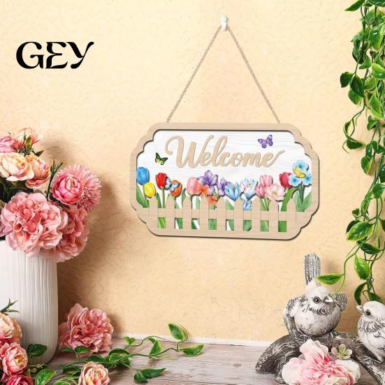 Wooden Hanging Sign Welcome Door for Front Door, Waterproof Sign, Colorful Spring Decor Hanger Decoration Home Farmhouse Garden Yard Porch