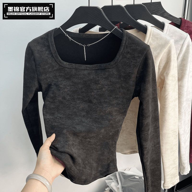 Square Collar German Velvet Bottoming Shirt for Women Autumn Winter 2025 New Popular Tie-dye Slim Fit Warm Inner Top