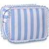 Stripe Ruffle Makeup Bag,Large Travel Cute Cosmetic Bag for Women Girls,Toiletry Bag Make Up Organizer 10.8 X 4.5 X 8 Inch (Blue Stripe)