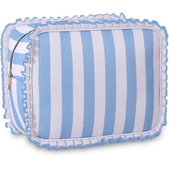 Stripe Ruffle Makeup Bag,Large Travel Cute Cosmetic Bag for Women Girls,Toiletry Bag Make Up Organizer 10.8 X 4.5 X 8 Inch (Blue Stripe)