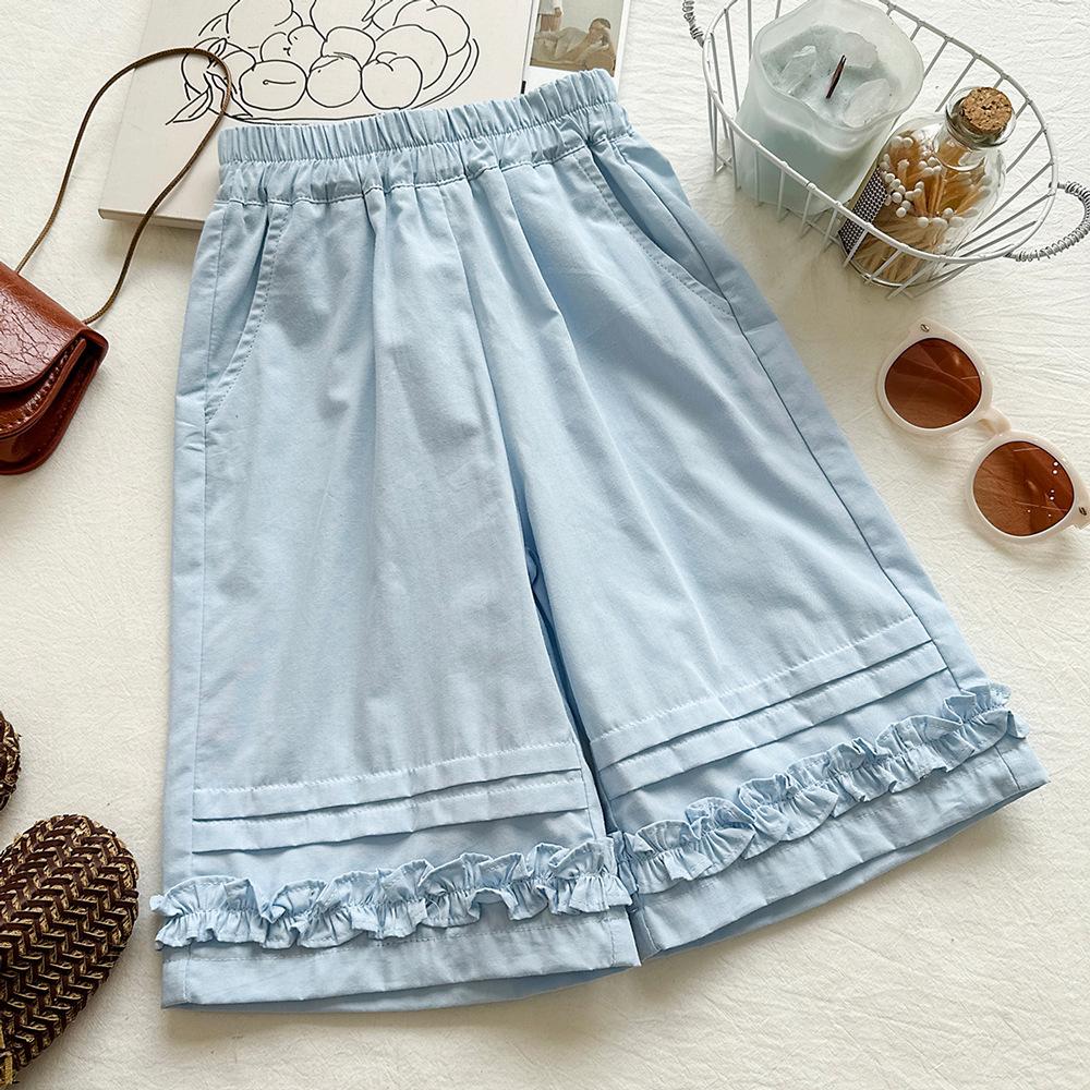 Girls Summer 2 Piece Set Off White Embroidered Ruffle Sleeveless Top With Light Blue Ruffled Trim Pants Outfit