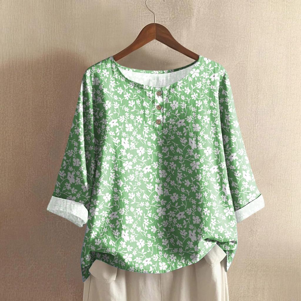 Women's Casual Three-quarter Sleeve Round Neck Gradient Color Printed Cotton And Linen Top