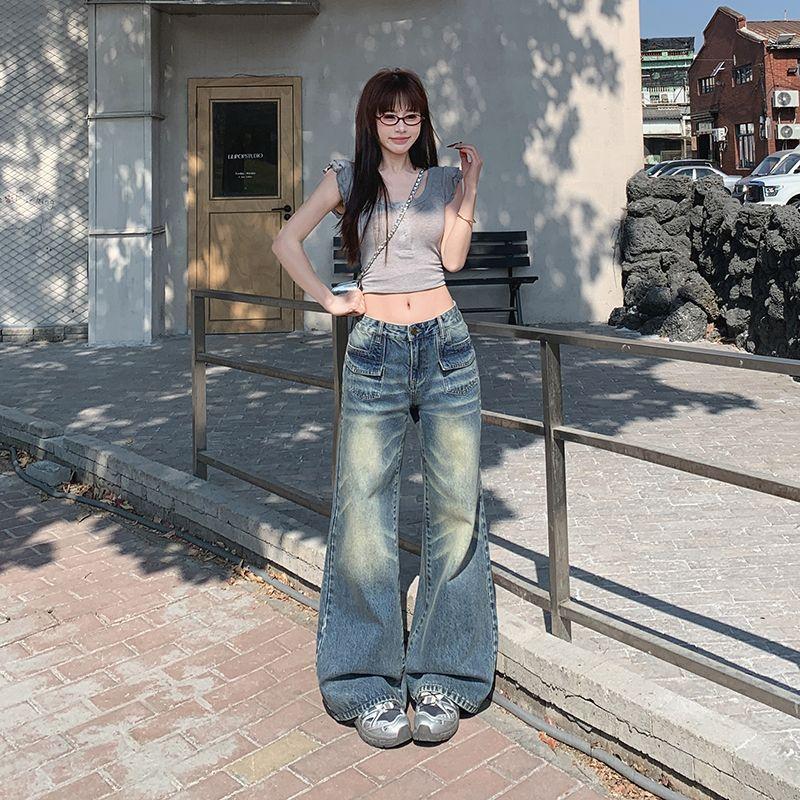 Spring Summer Mid Low Waist Cat Whisker Sandblast Vintage Blue Relaxed Straight Wide Leg Casual Denim Pants Ladies Casual Oversize Denim Trousers