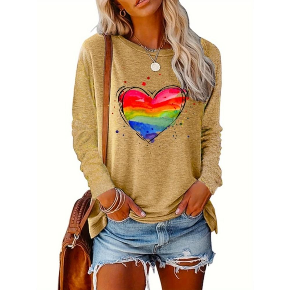 T-shirt da donna con stampa a cuore color arcobaleno, grafiche, camicette a maniche lunghe, top corto, taglie forti, abbigliamento da donna