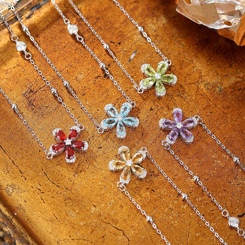 Summer Cherry Blossom Crystal Stone Jewelry S925 Sterling Silver Bracelet Natural Crystal
