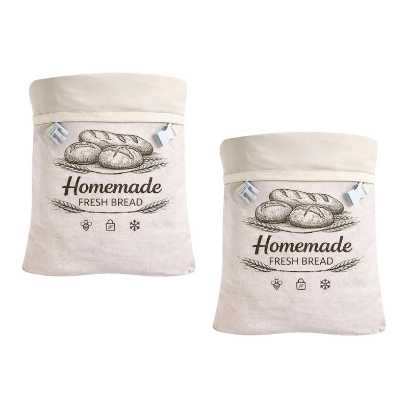 Washable Bread Storage Bag Cotton Outer Bag with Side Clip Closure for Countertop and Freezer Family Loaf Storage