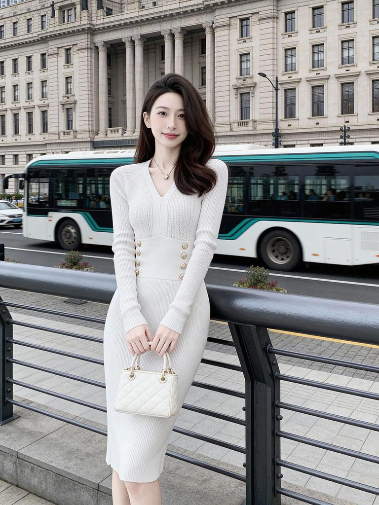 Elegant Slimming V-Neck Wool Knit Dress - French Retro Style