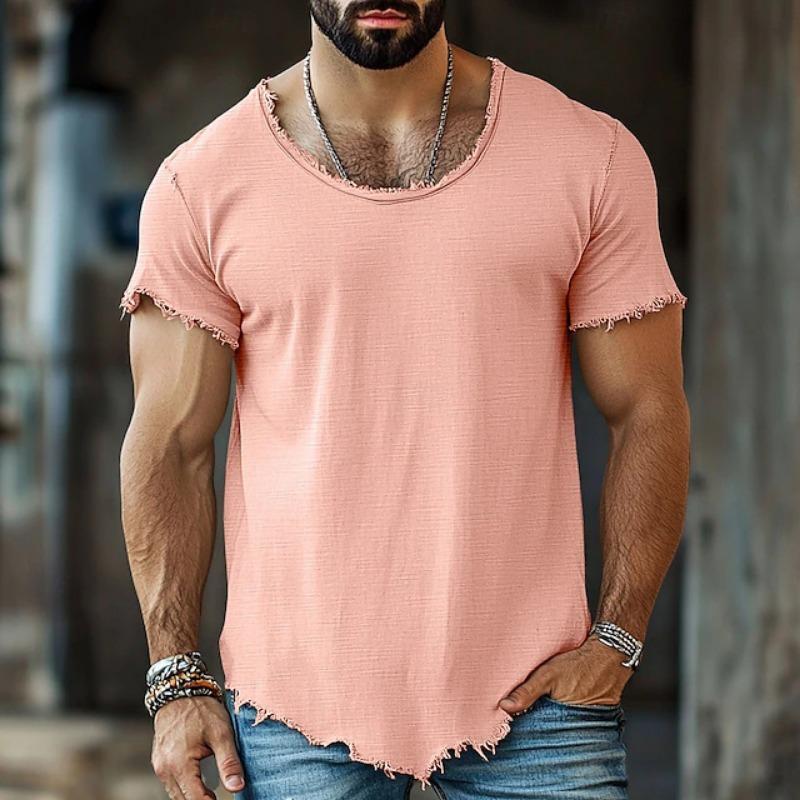 Mens Solid Color Frayed Hem Slim Fit Short Sleeve T Shirt