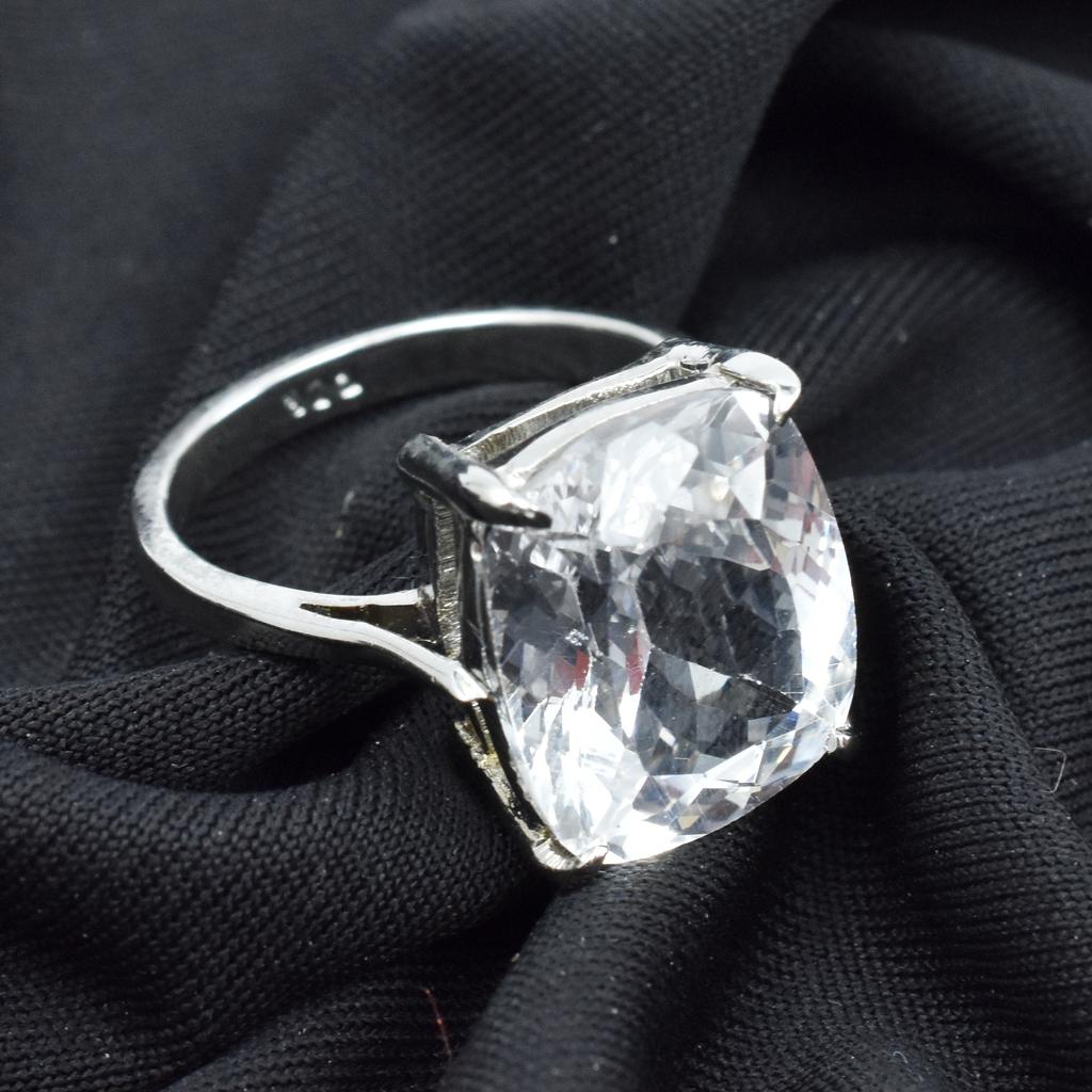 925 Sterling Silver Ring Sapphire Ring Sz 9 White Color 28.80 Ct Cushion Cut