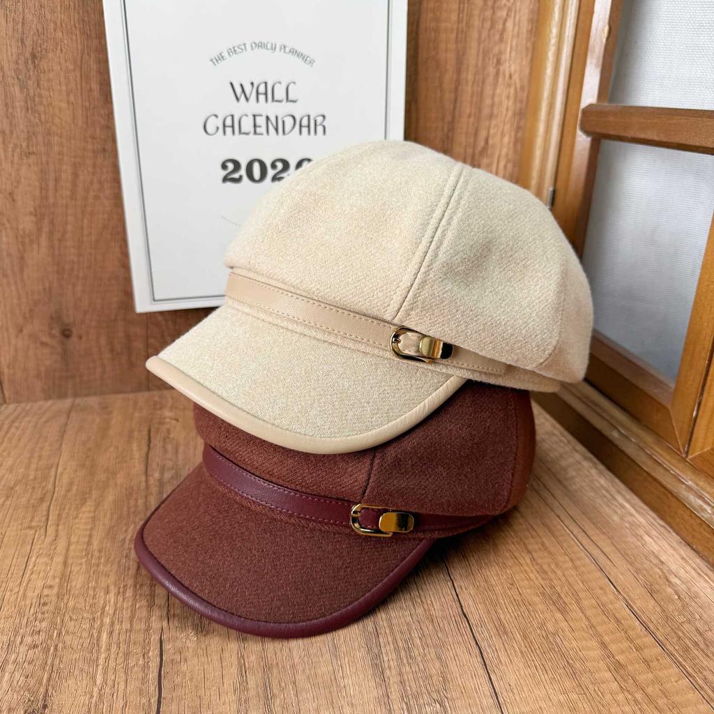 Hat Women's New Belt Buckle Octagonal Hat Literary Versatile Wide Brim Painter Hat Fashion Wool Beret