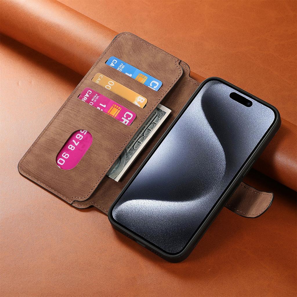 Flip Leather Wallet Case for IPhone 17 Air 16 15 Pro Max 14 Plus 13 12 16E for Magsafe Detachable Card Slot Holder Cover LMW-03