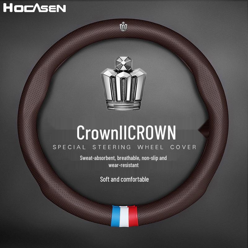 Universal Crown Genuine Leather Steering Wheel Cover - Four Seasons, Breathable, Non-Slip, Perforated Cowhide