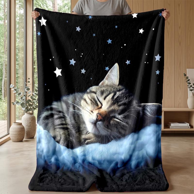 Sleeping Kitten Under Stars Theme blanket Lightweight Warm Flannel Blanket Decorative Throw Blanket for Home Decoration