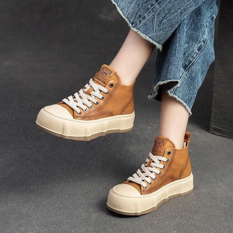 Johnature Genuine Leather Women's Flat Shoes Leisure Versatile Cowhide Round Toe Thick Soled Shoes