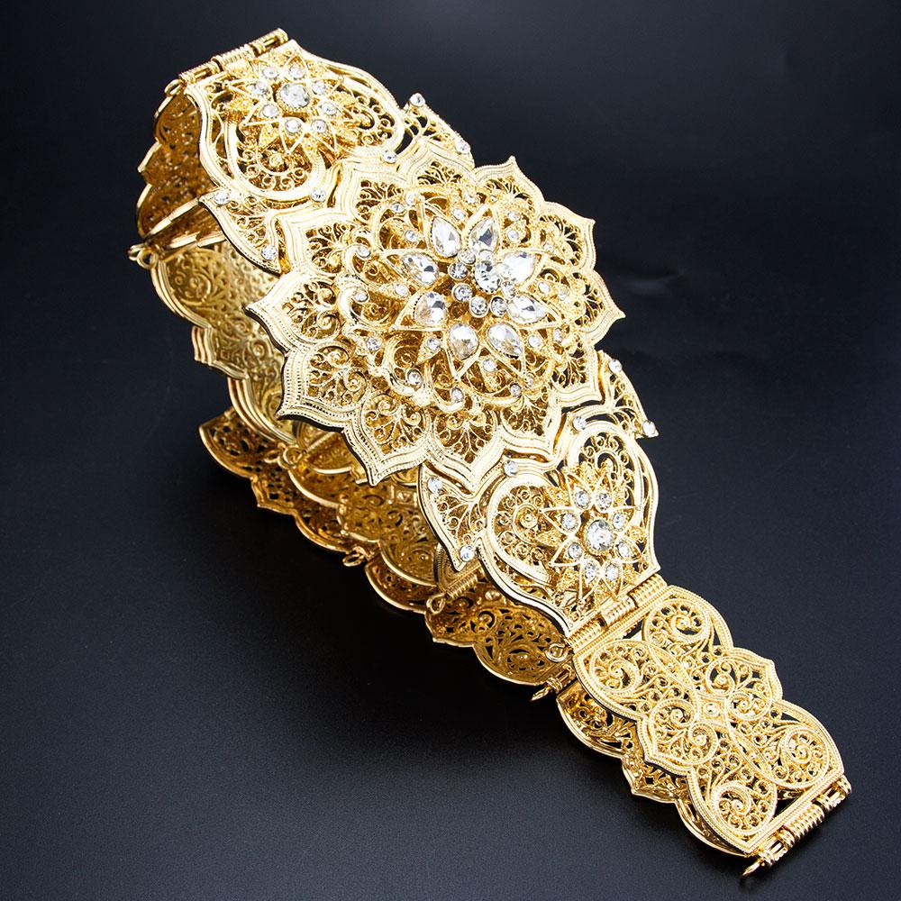 Sunspicems Eleganter Kristall-Damengürtel, Metall-Taillenkette, goldfarben, verstellbare Länge, arabischer marokkanischer Brautschmuck