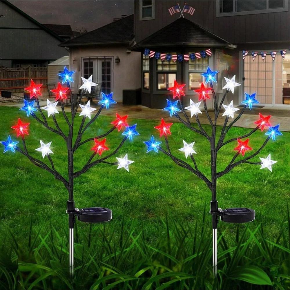 1/2/4PCS LED Red White Blue Star Solar Lights Outdoor Waterproof Fairy Atmosphere Night Light Independence Day 4th Of July Decor