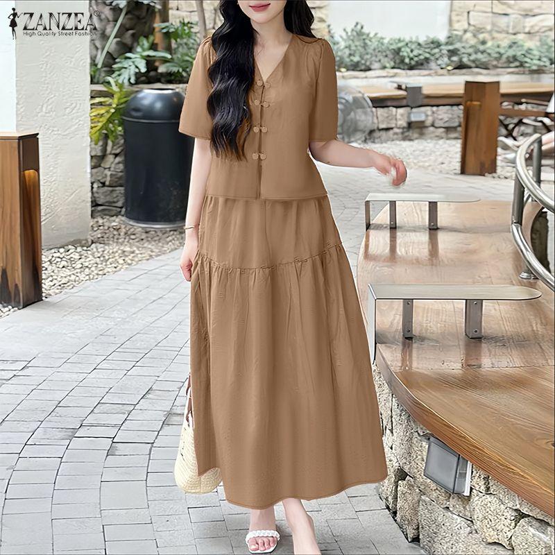 ZANZEA Women Short Sleeve Blouse and Long Skirts Summer Two Piece Suit Sets