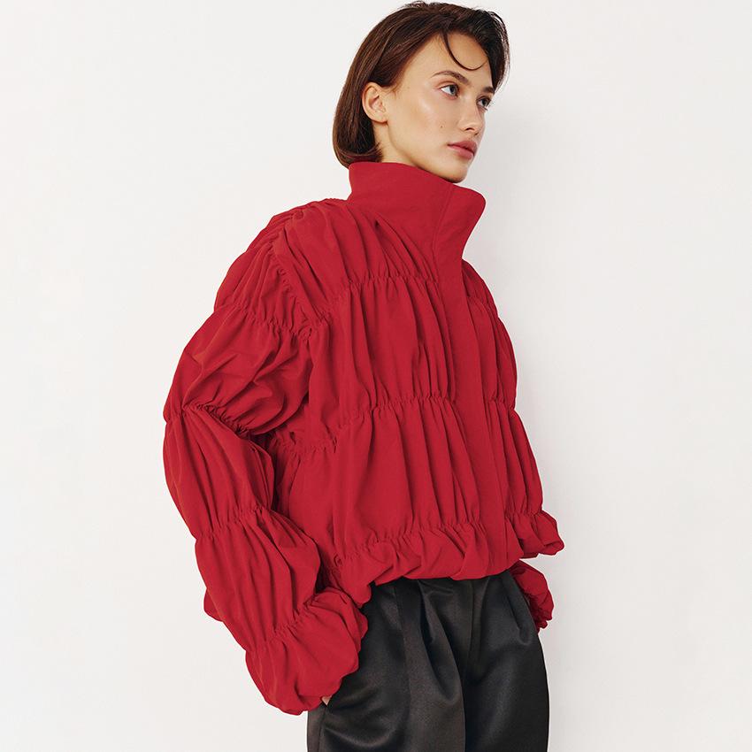Women's Red Ruched Jacket 2026 Autumn Stand Collar Zip Front Drawstring Hem Long Sleeve Cropped Windbreaker Streetwear Casual Outerwear for Women
