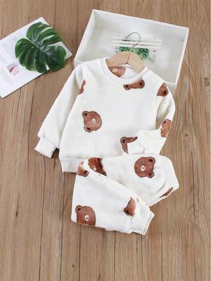 Pijama de Flanela de Inverno Infantil Conjunto de Duas Peças para Meninos e Meninas