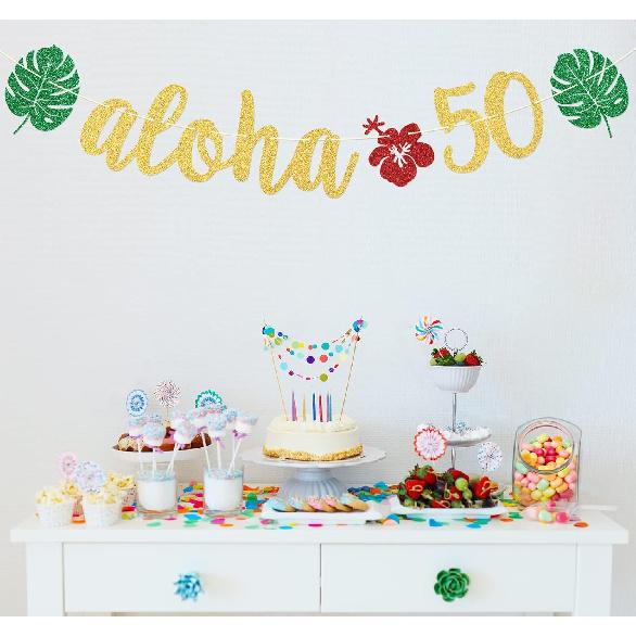 Aloha 50 Banner, Hawaiian 50th Birthday Decorations, Aloha Party Decorations, Tropical Luau Birthday Party Decorations, Palm Leaf Decorations Gold