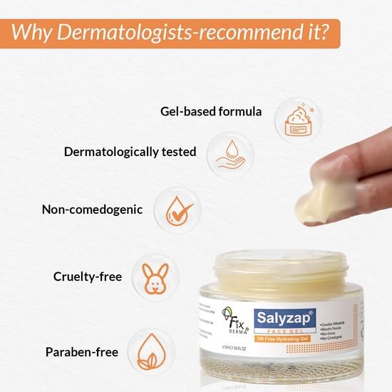 Fixderma Salyzap Face gel, Oil free hydrating gel, Deep Moisturization, Soothes acne and redness, Dermatologist tested - 50ml