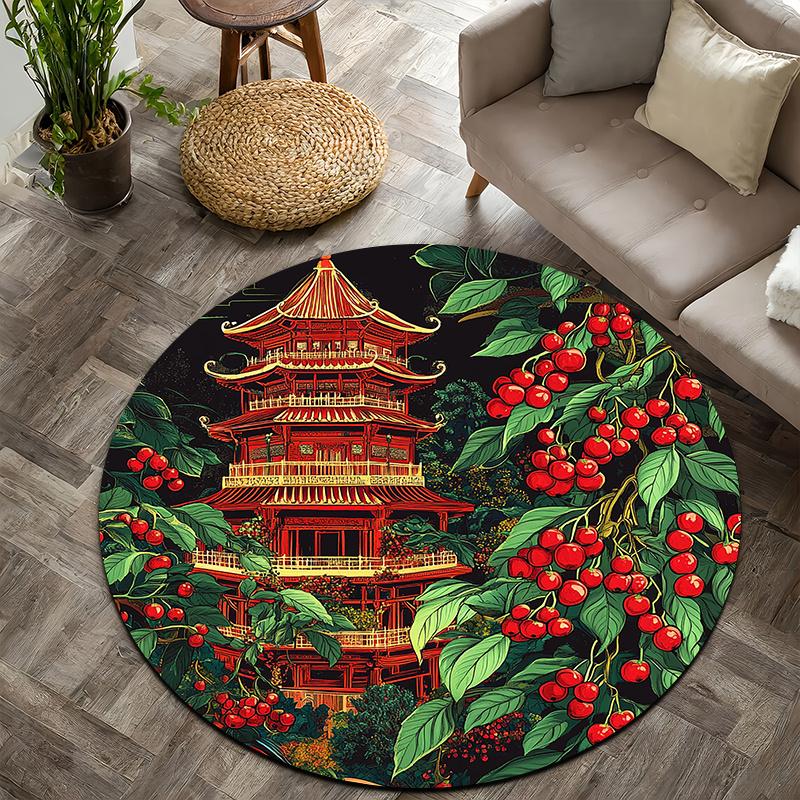 Tower and Berry Theme Flannel-printed round floor mats are slip-resistant Suitable living room bedroom terrace garden carpets