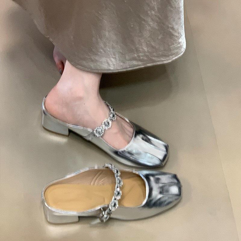 Temperament Silver Bag Head Half Slippers Women's Outer Wear Spring and Summer New Sandals Rhinestone Belt Single Shoes