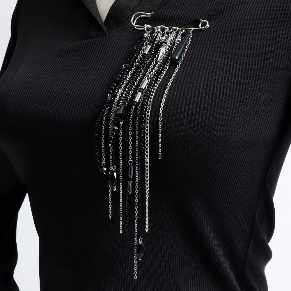 Gothic Black Crystal Beaded Multi-layer Tassel Chain Safety Pin Brooches for Women Men Hip-hop Personality Jewelry Accessories