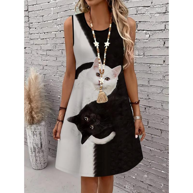 Ladies' fashionable and elegant 3D cute 3 orange cat printed vest dress