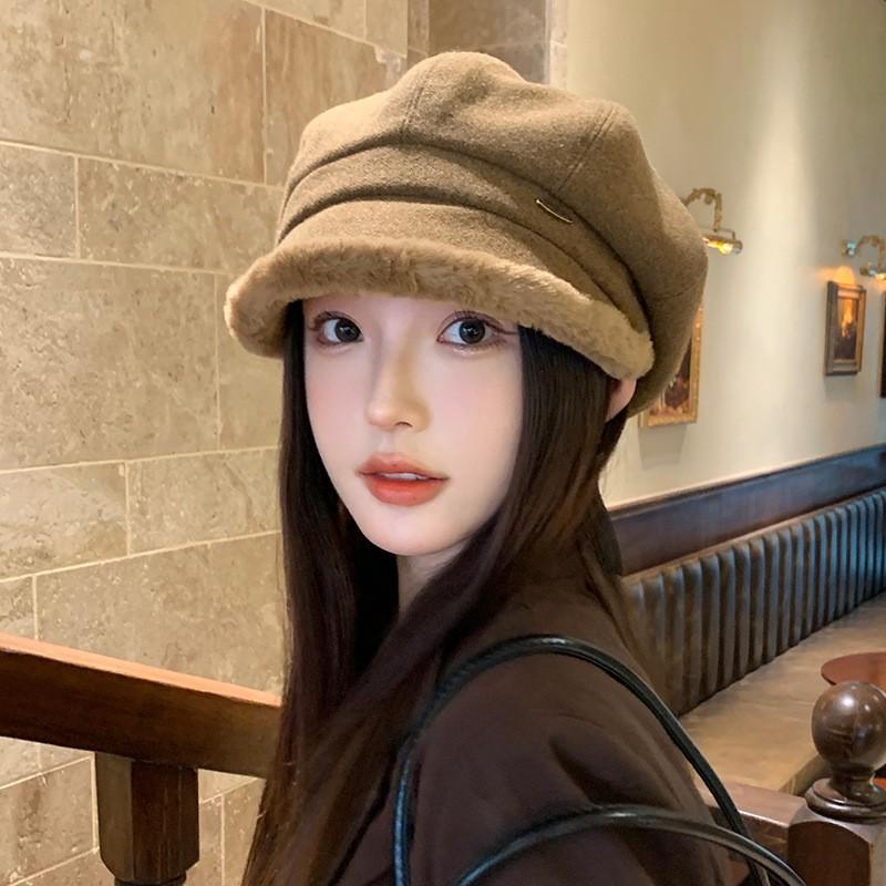 Winter Women's Fleece Lined Beret Hat Thickened Knitted Octagonal Cap with Brim