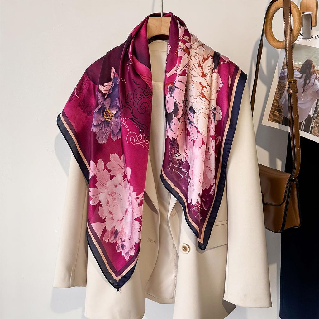 90cm Square Scarf Retro Floral Print Silk Scarfs Neck Scarves Headscarf Wraps Shawls Hijabs for Woman Satin Bandana Head Scarf