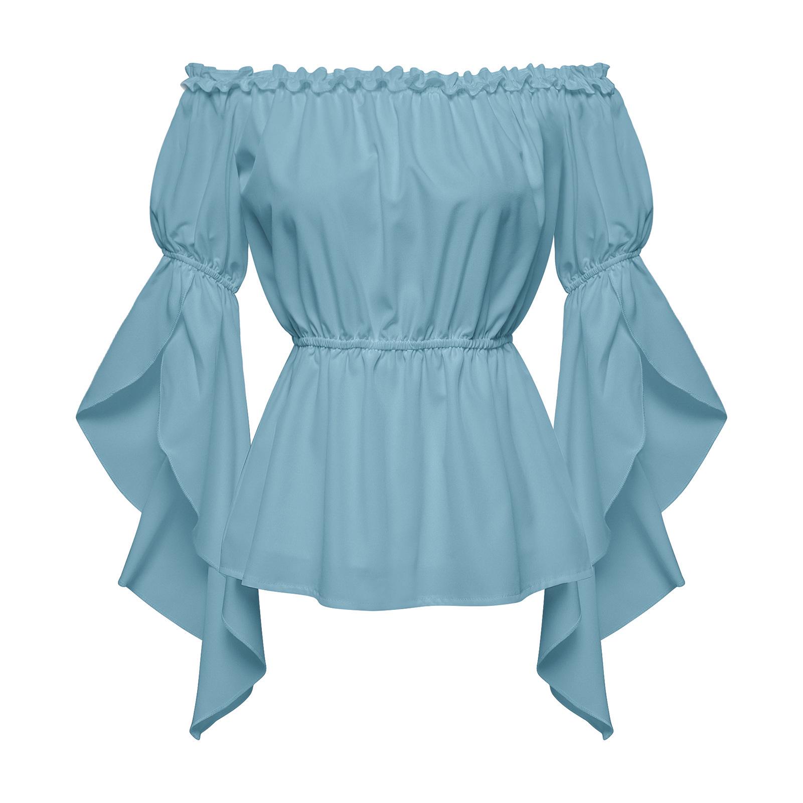 Spring Summer Women s Renaissance Off-Shoulder Pleated Sleeve Ruffle Blouse M