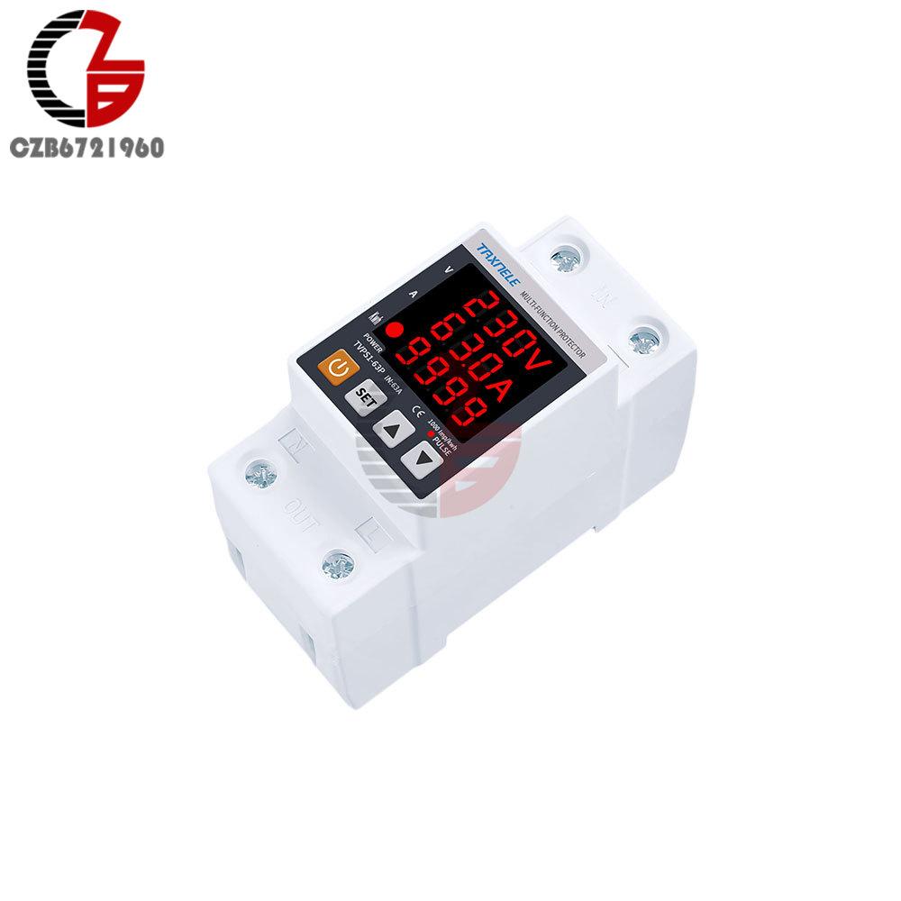 63A 230V 3 in 1 Display Din Rail Adjustable Over Under Voltage Surge Protector Relay Over Current Protect Kwh Power Watt Meter