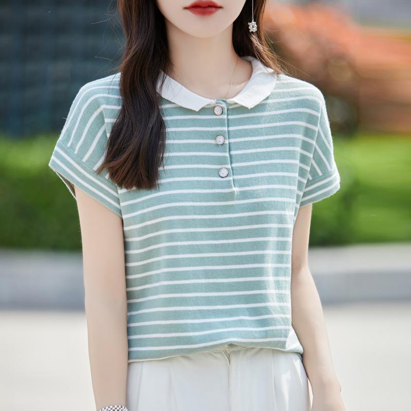 Pure Cotton Doll Collar Striped Short-sleeved T-shirt for Women In Summer New Design Top Knitted T-shirt