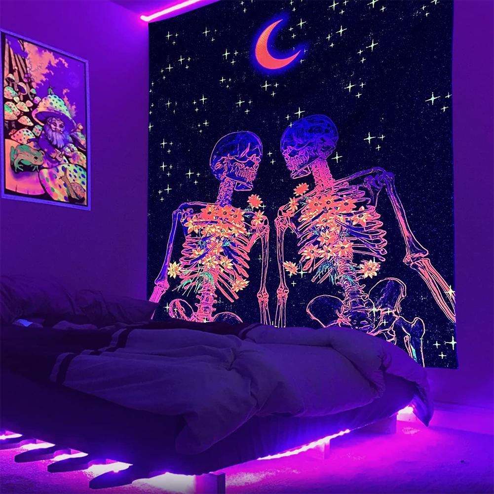 

Skull Wall Tapestry The Kissing Lovers Uv Reactive Skeleton Wall Art For Bedroom Living Room 150x130cm/60x50inch 2#